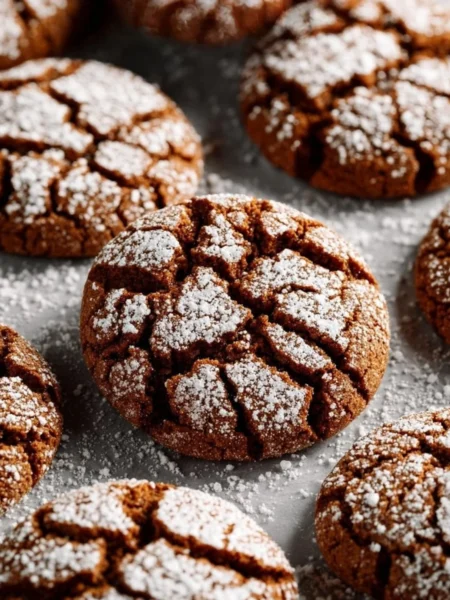 Freshly baked Gingerbread Crinkle Cookies with powdered sugar topping