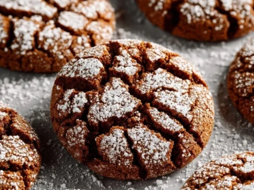 Freshly baked Gingerbread Crinkle Cookies with powdered sugar topping