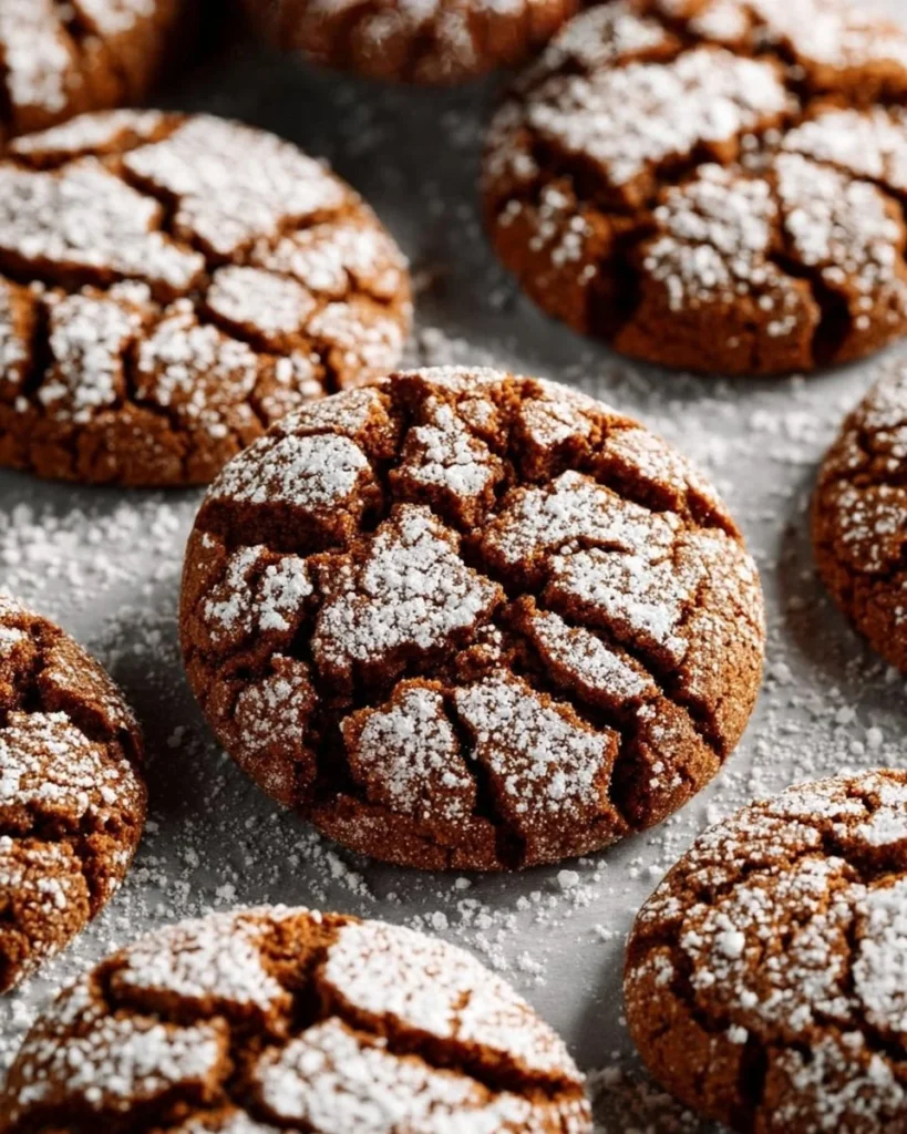 Freshly baked Gingerbread Crinkle Cookies with powdered sugar topping