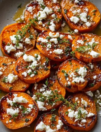 Gourmet honey feta sweet potato rounds topped with honey and feta cheese.