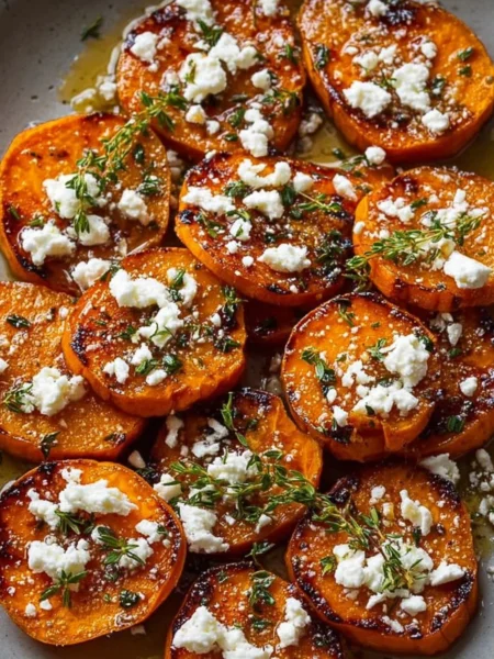 Gourmet honey feta sweet potato rounds topped with honey and feta cheese.