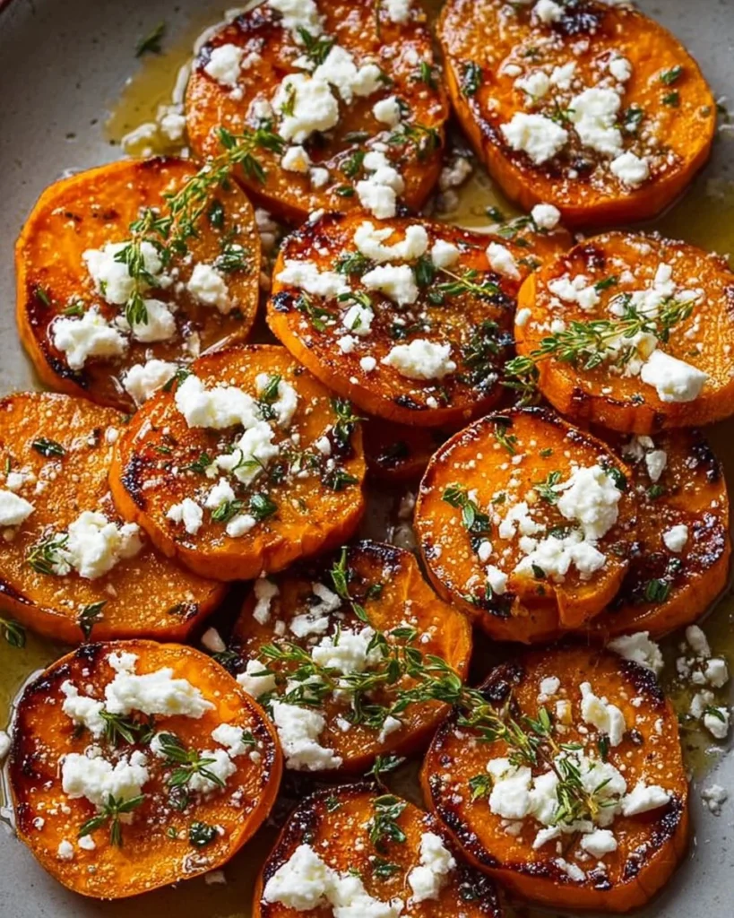Gourmet honey feta sweet potato rounds topped with honey and feta cheese.