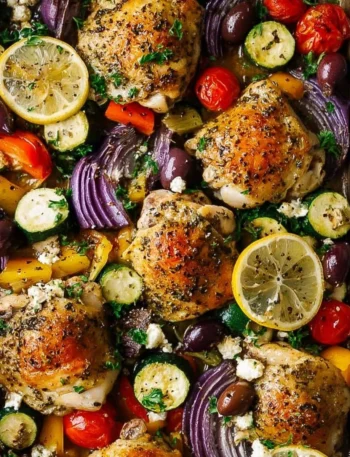 Greek Sheet Pan Chicken with vegetables on a cooking sheet