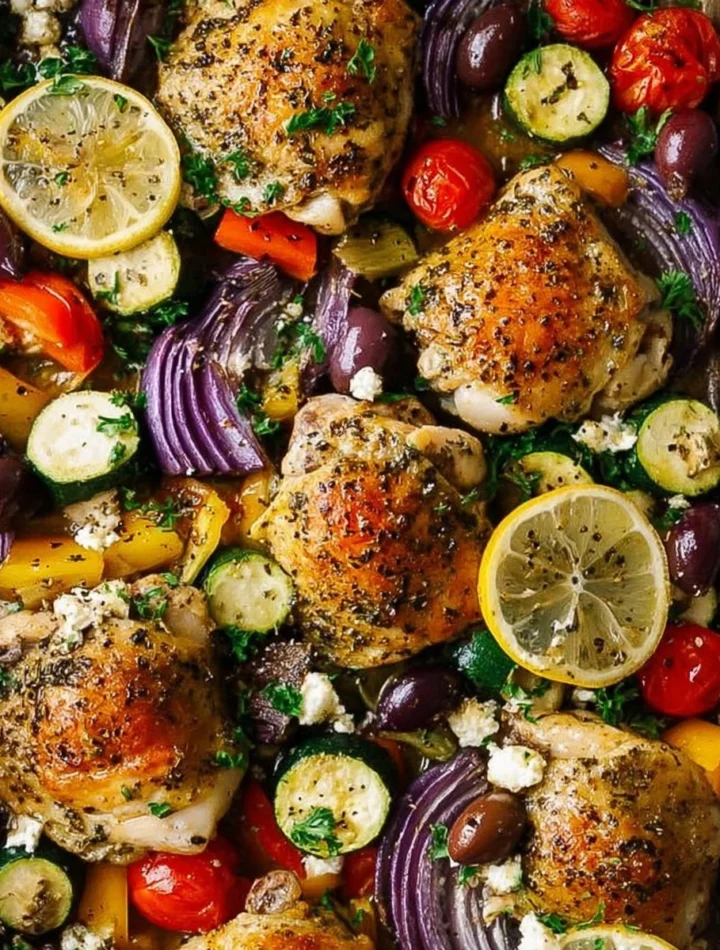 Greek Sheet Pan Chicken with vegetables on a cooking sheet