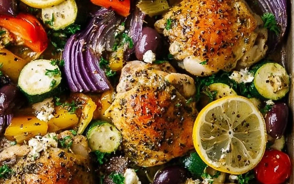 Greek Sheet Pan Chicken with vegetables on a cooking sheet