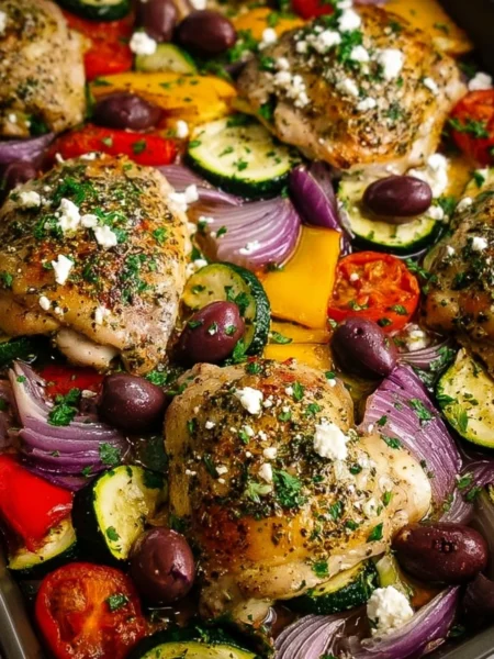 Greek Sheet Pan Chicken with vegetables and herbs ready to serve.