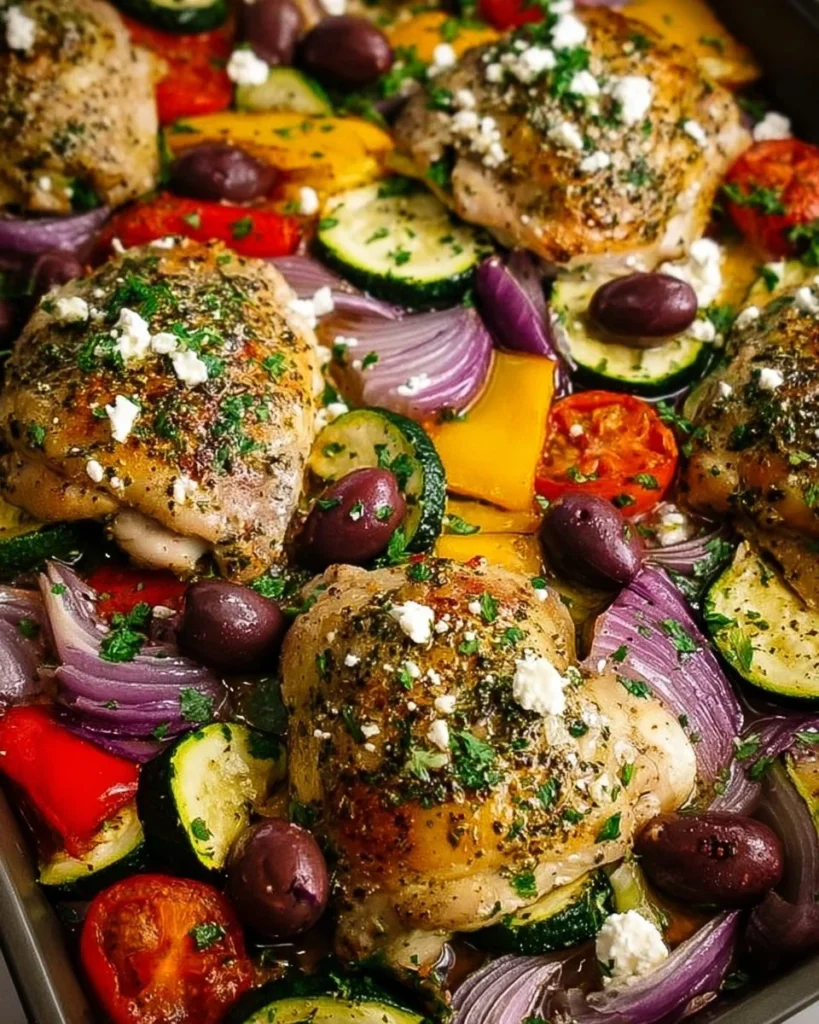 Greek Sheet Pan Chicken with vegetables and herbs ready to serve.