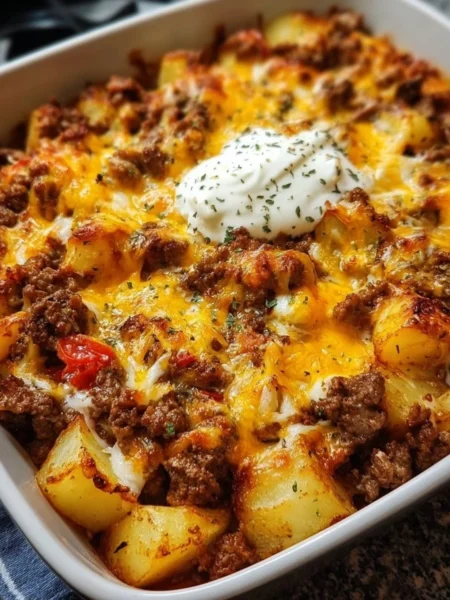 Delicious ground beef and potatoes casserole in a baking dish