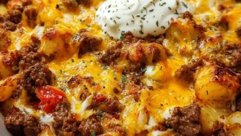 Delicious ground beef and potatoes casserole in a baking dish