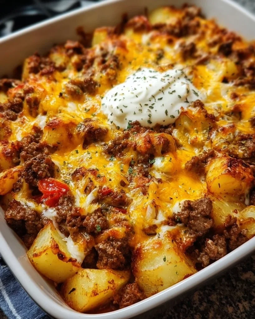 Delicious ground beef and potatoes casserole in a baking dish