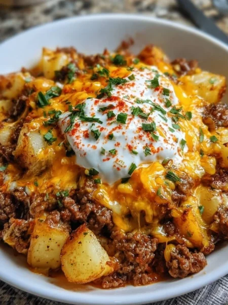 Ground beef and potatoes casserole served on a plate