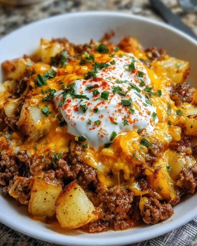 Ground beef and potatoes casserole served on a plate