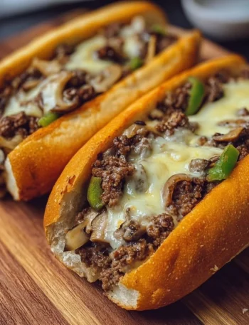 Delicious homemade Ground Beef Philly Cheesesteaks with melted cheese and fresh toppings