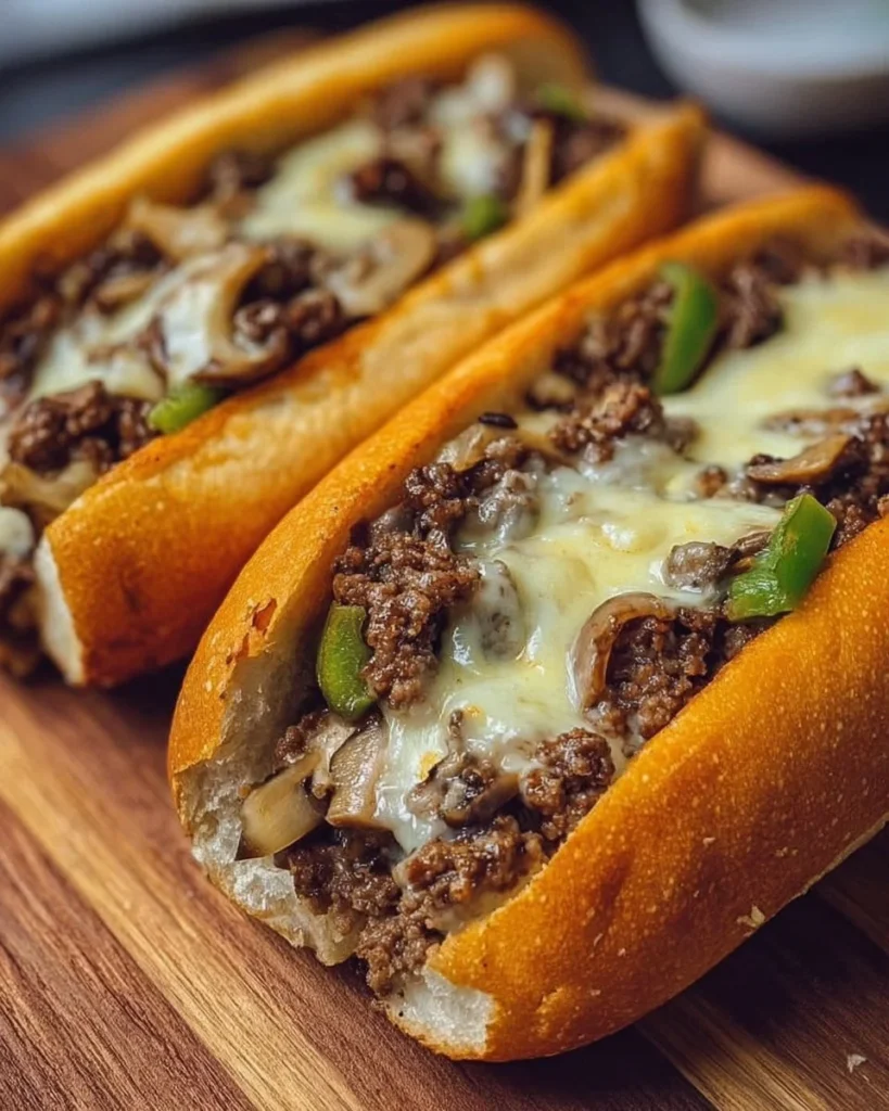 Delicious homemade Ground Beef Philly Cheesesteaks with melted cheese and fresh toppings