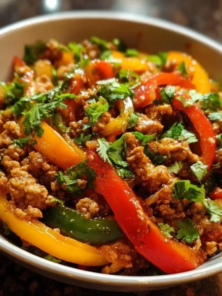 Ground turkey and peppers stir-fry in a sizzling pan.