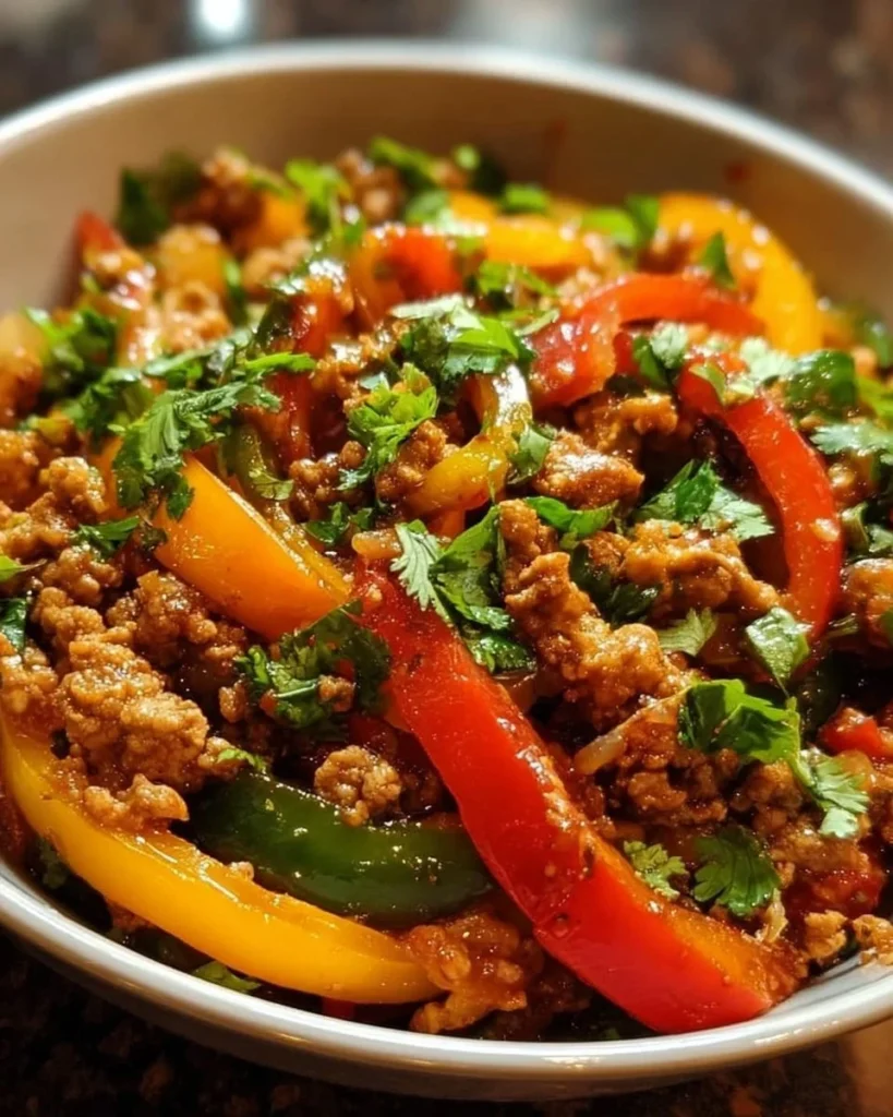 Ground turkey and peppers stir-fry in a sizzling pan.