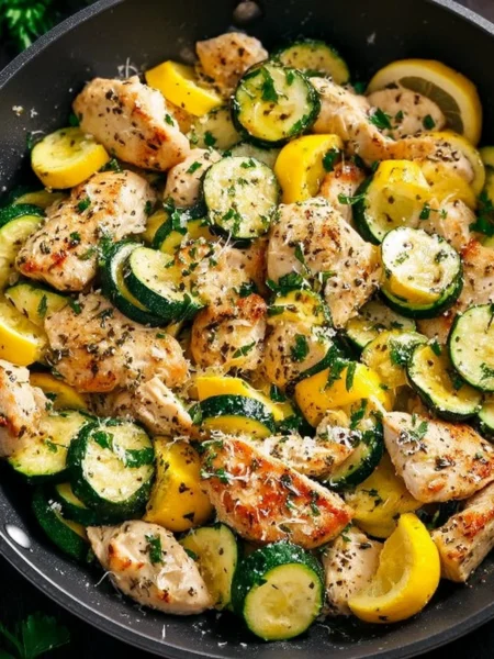 Healthy chicken breast dish with zucchini and squash on a plate
