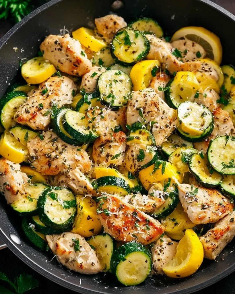 Healthy chicken breast dish with zucchini and squash on a plate