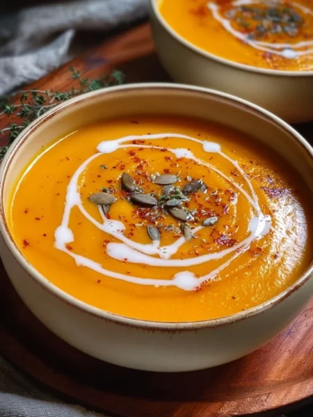 Bowl of spiced pumpkin soup garnished with herbs for a healthy Halloween dish