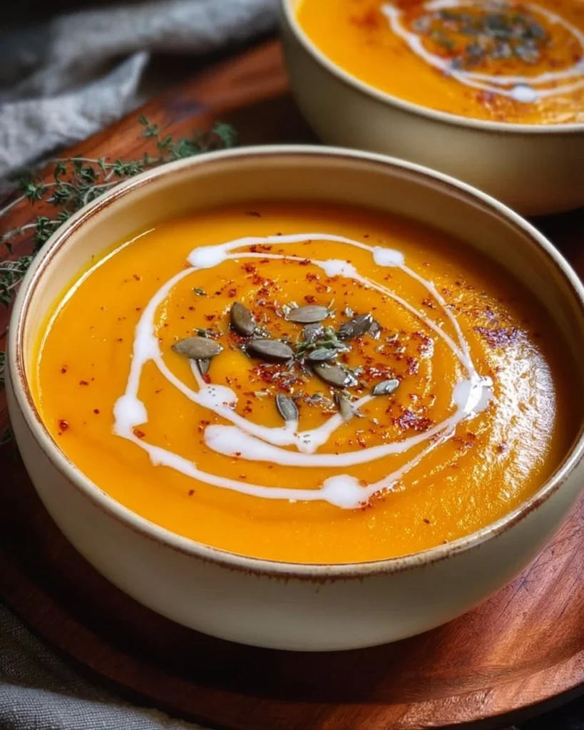 Bowl of spiced pumpkin soup garnished with herbs for a healthy Halloween dish