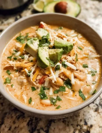 Bowl of healthy high protein white chicken chili with fresh ingredients.