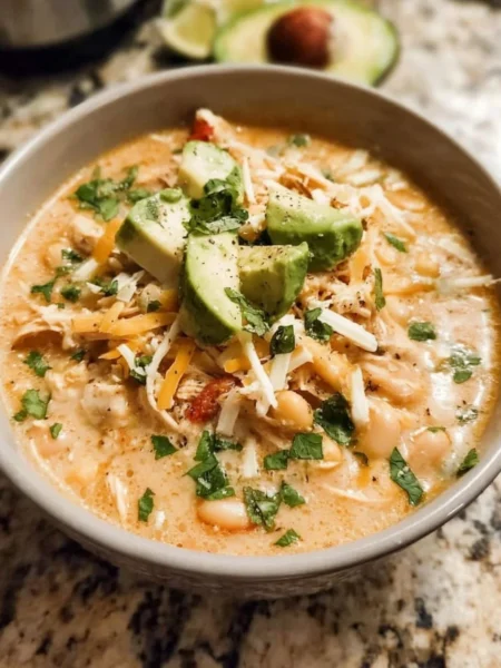 Bowl of healthy high protein white chicken chili with fresh ingredients.
