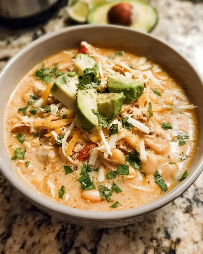 Bowl of healthy high protein white chicken chili with fresh ingredients.