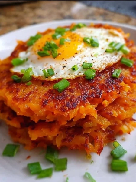 Healthy sweet potato hash browns served on a plate with herbs