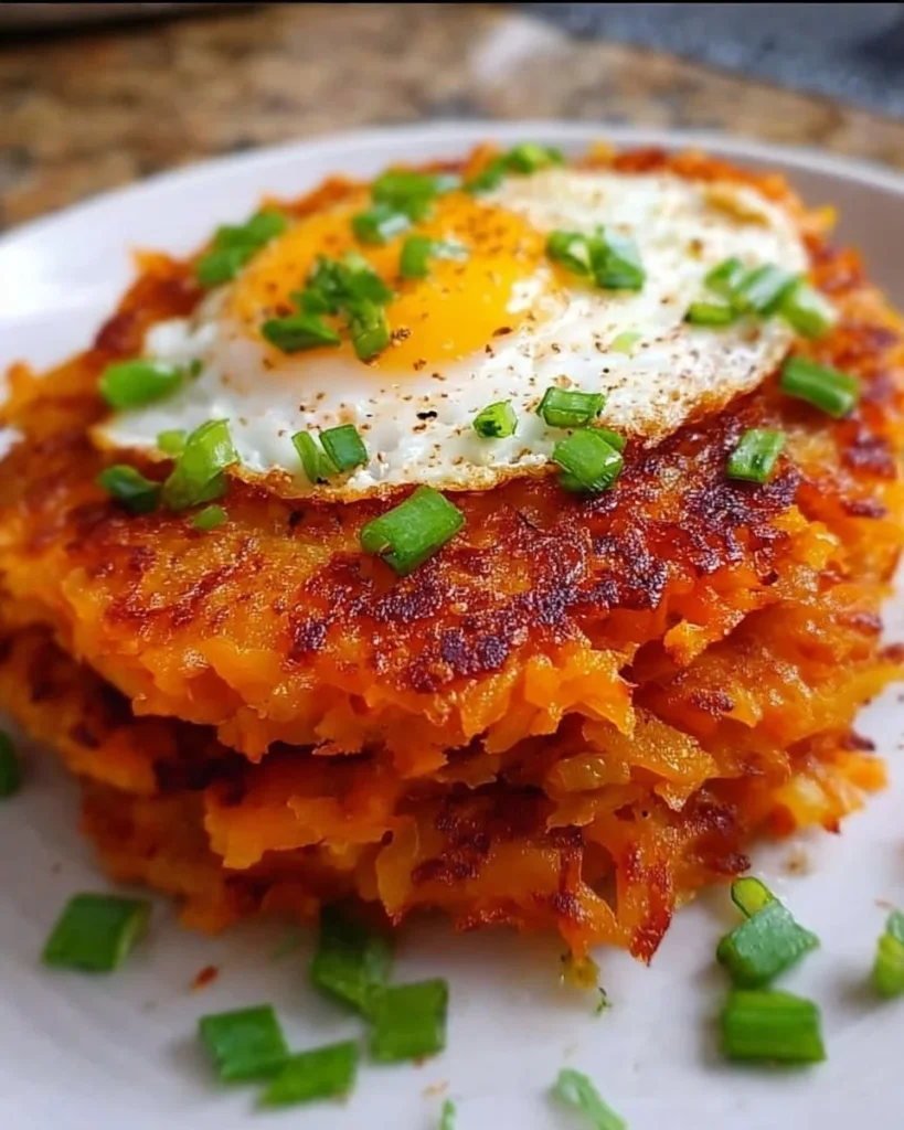 Healthy sweet potato hash browns served on a plate with herbs