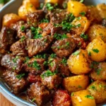 High protein slow cooker garlic butter beef bites in a bowl