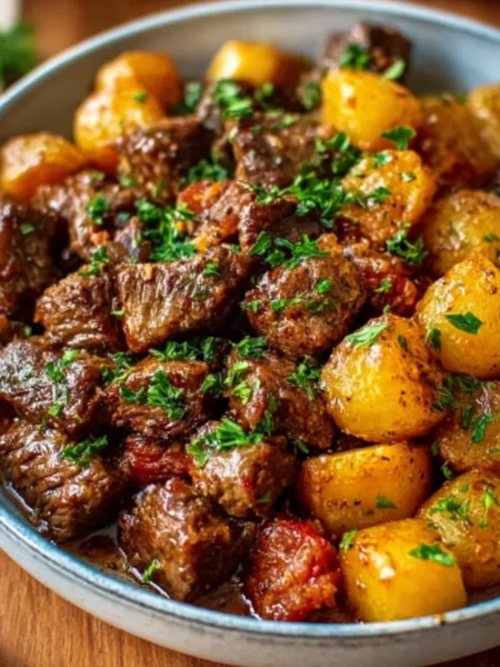High protein slow cooker garlic butter beef bites in a bowl