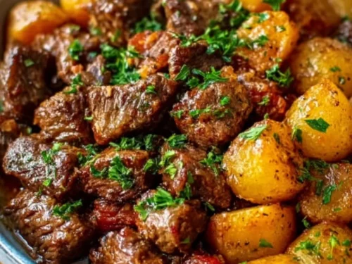 High protein slow cooker garlic butter beef bites in a bowl