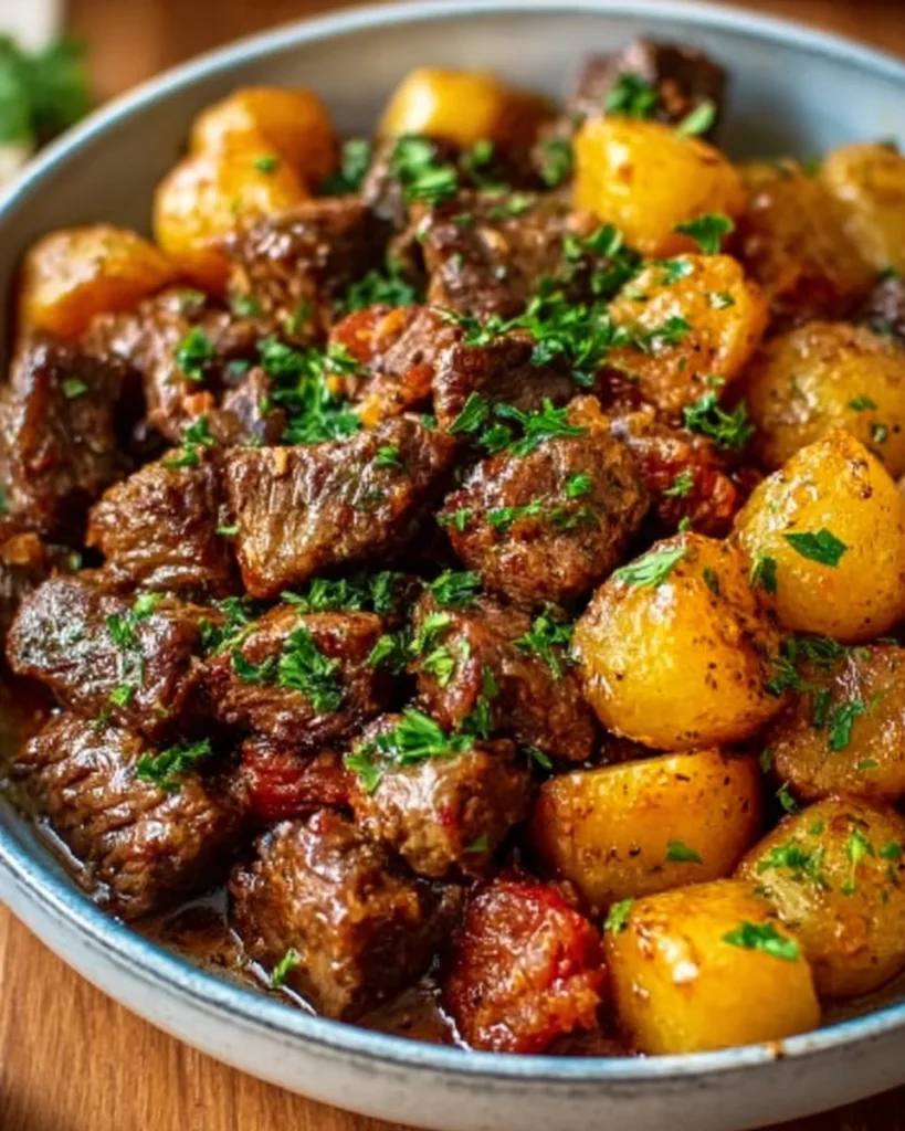 High protein slow cooker garlic butter beef bites in a bowl