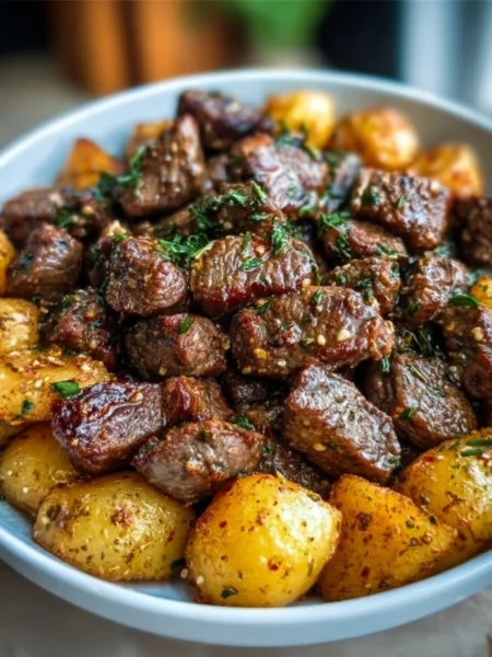 High protein slow cooker garlic butter beef bites served on a plate.