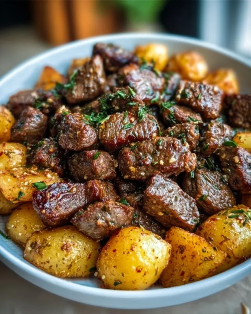 High protein slow cooker garlic butter beef bites served on a plate.