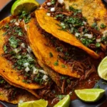 Plate of homemade Birria Tacos with savory broth and toppings
