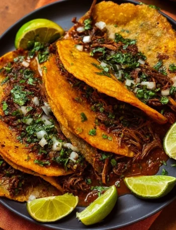 Plate of homemade Birria Tacos with savory broth and toppings