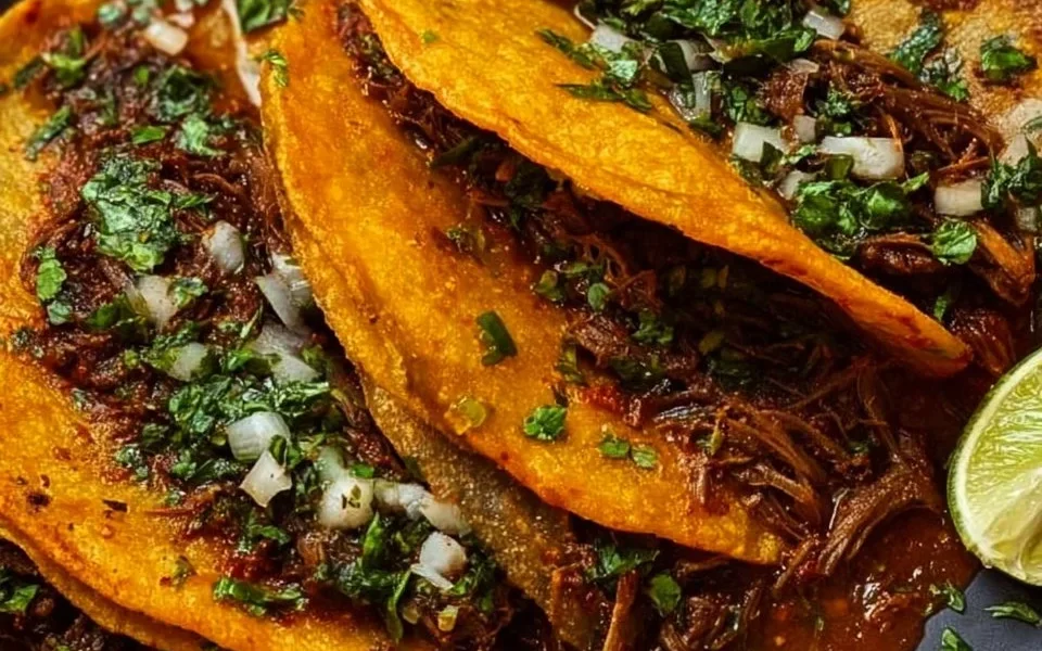 Plate of homemade Birria Tacos with savory broth and toppings