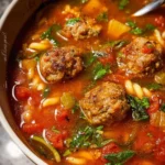 Bowl of homemade Italian meatball soup with fresh herbs and vegetables