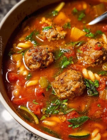 Bowl of homemade Italian meatball soup with fresh herbs and vegetables