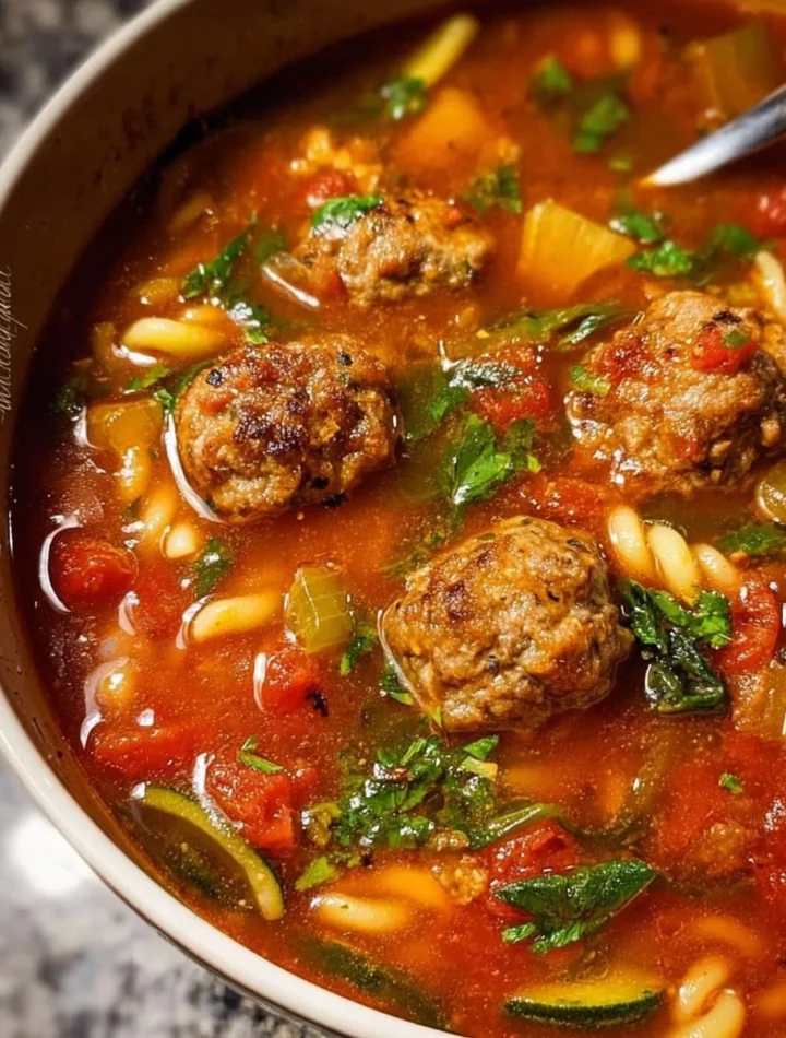 Bowl of homemade Italian meatball soup with fresh herbs and vegetables