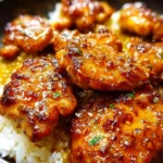 Delicious honey garlic chicken thighs served with vegetables and rice.