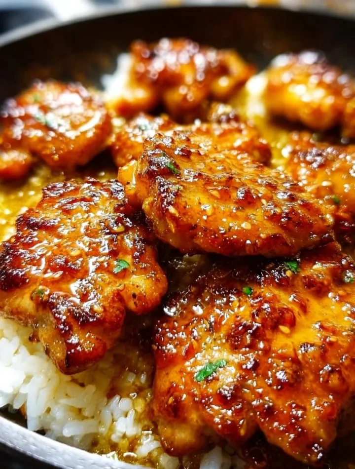 Delicious honey garlic chicken thighs served with vegetables and rice.