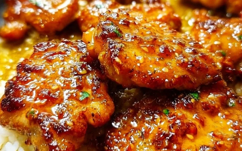 Delicious honey garlic chicken thighs served with vegetables and rice.
