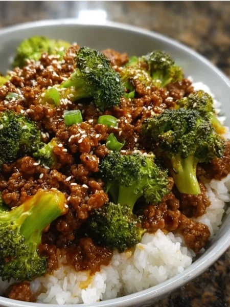Honey Garlic Beef stir-fry with ground beef and broccoli served on a plate