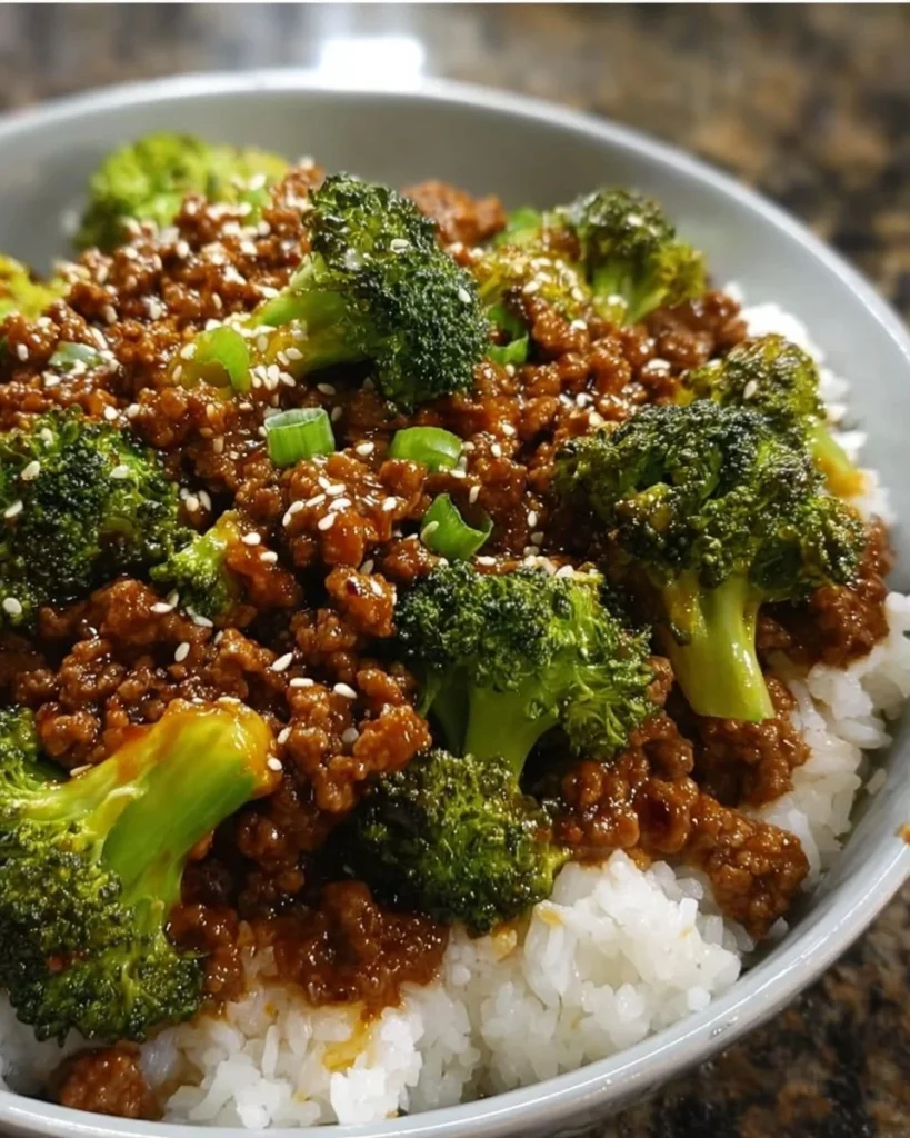 Honey Garlic Beef stir-fry with ground beef and broccoli served on a plate