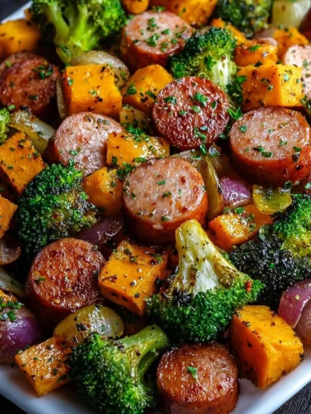 Honey Garlic Sausage sheet pan dish with vegetables