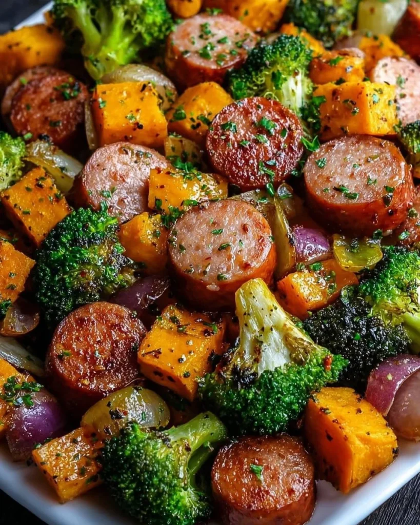 Honey Garlic Sausage sheet pan dish with vegetables
