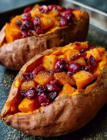 Cranberry apple twice-baked sweet potatoes served on a plate