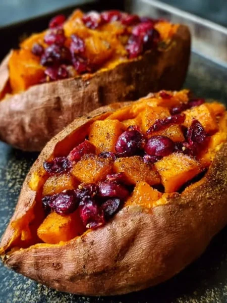 Cranberry apple twice-baked sweet potatoes served on a plate